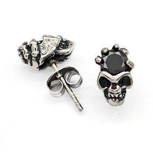 Stainless Steel Skull Stud Earrings Pave Rhinestone Antique Silver, approx 7-11mm [SSB4785]