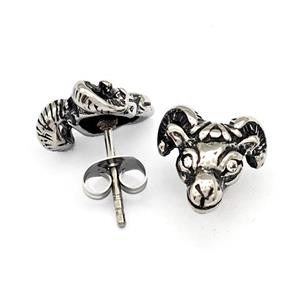 Sheep Stainless Steel Goat Stud Earrings Pave Rhinestone Aries Antique Silver, approx 11-12mm [SSB4786]