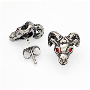 Sheep Stainless Steel Goat Stud Earrings Pave Rhinestone Aries Antique Silver, approx 11-12mm [SSB4787]
