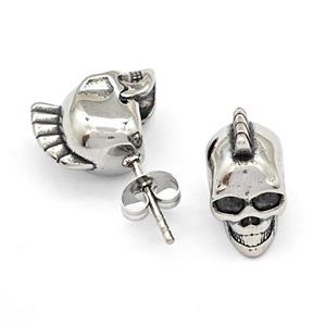 Stainless Steel Skull Stud Earrings Antique Silver, approx 8-15mm [SSB4788]
