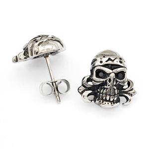 Stainless Steel Skull Stud Earrings Pave Rhinestone Antique Silver, approx 13mm [SSB4792]