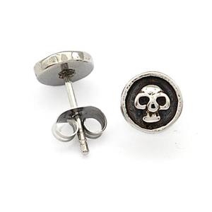 Stainless Steel Skull Stud Earrings Antique Silver, approx 7.5mm [SSB4793]