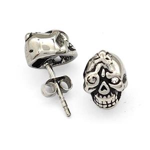 Stainless Steel Skull Stud Earrings Pave Rhinestone Antique Silver, approx 8-10mm [SSB4794]