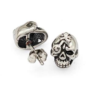 Stainless Steel Skull Stud Earrings Pave Rhinestone Antique Silver, approx 8-10mm [SSB4795]