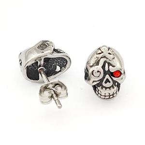 Stainless Steel Skull Stud Earrings Pave Rhinestone Antique Silver, approx 8-10mm [SSB4796]