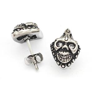 Stainless Steel Skull Stud Earrings Pave Rhinestone Antique Silver, approx 8.5-12mm [SSB4797]