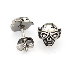 Stainless Steel Skull Stud Earrings Pave Rhinestone Antique Silver, approx 8-12mm [SSB4798]