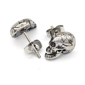 Stainless Steel Skull Stud Earrings Antique Silver, approx 8-11mm [SSB4801]