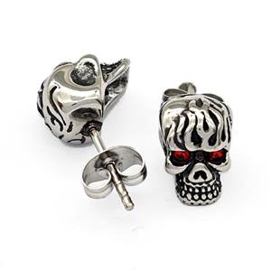 Stainless Steel Skull Stud Earrings Pave Rhinestone Antique Silver, approx 7.5-10mm [SSB4802]