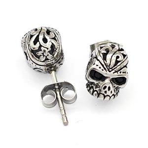 Stainless Steel Skull Stud Earrings Antique Silver, approx 9-11mm [SSB4803]