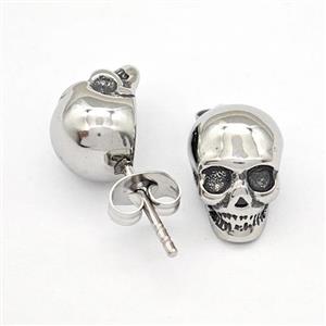 Stainless Steel Skull Stud Earrings Antique Silver, approx 9-11mm [SSB4804]