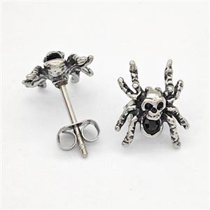 Stainless Steel Spider Stud Earrings Pave Rhinestone Antique Silver, approx 10-12mm [SSB4806]