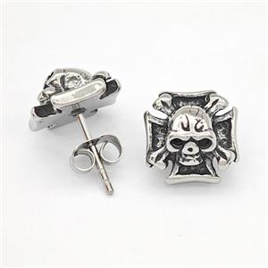 Stainless Steel Skull Stud Earrings Antique Silver, approx 12mm [SSB4807]