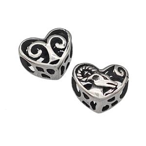 316 Stainless Steel Heart Beads Zodiac Aries Large Hole Hollow Antique Silver, approx 12mm, 4mm hole [SSB4812]