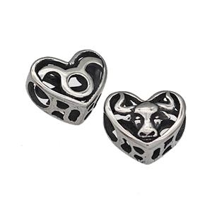 316 Stainless Steel Heart Beads Zodiac Taurus Large Hole Hollow Antique Silver, approx 12mm, 4mm hole [SSB4813]