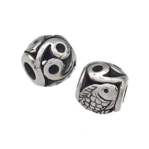316 Stainless Steel Barrel Beads Fish Hollow Large Hole Antique silver, approx 9-10mm, 4mm hole [SSB4830]