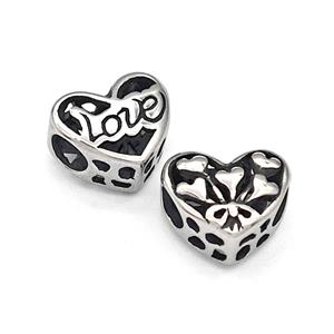 316 Stainless Steel Heart Beads LOVE Hollow Large Hole Antique Silver, approx 12mm, 4mm hole [SSB4847]