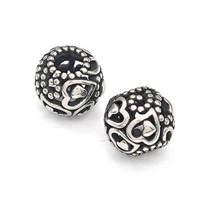 316 Stainless Steel Round Beads Heart Hollow Large Hole Antique Silver, approx 9-10mm, 4mm hole [SSB4853]