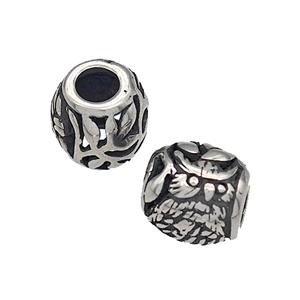 316 Stainless Steel Barrel Beads Owl Charms Hollow Large Hole Antique silver, approx 9-10mm, 4mm hole [SSB4858]