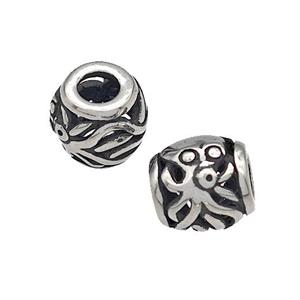 316 Stainless Steel Barrel Beads Octopus Charms Hollow Large Hole Antique silver, approx 9-10mm, 4mm hole [SSB4867]