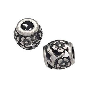 316 Stainless Steel Barrel Beads Flower Hollow Large Hole Antique silver, approx 9-10mm, 4mm hole [SSB4871]