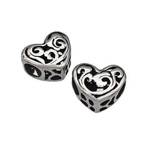 316 Stainless Steel Heart Beads Hollow Large Hole Antique Silver, approx 12mm, 4mm hole [SSB4897]