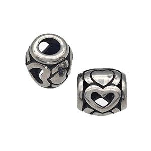 316 Stainless Steel Barrel Beads Heart Hollow Large Hole Antique Silver, approx 9-10mm, 4mm hole [SSB4898]