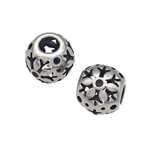 316 Stainless Steel Round Beads Flower Hollow Large Hole Antique silver, approx 9-10mm, 4mm hole [SSB4899]
