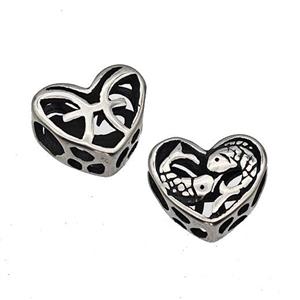 Stainless Steel Heart Beads Zodiac Pisces Large Hole Hollow Antique Silver, approx 12mm, 4mm hole [SSB4906]