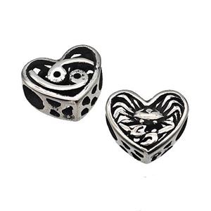Stainless Steel Heart Beads Zodiac Cancer Large Hole Hollow Antique Silver, approx 12mm, 4mm hole [SSB4907]