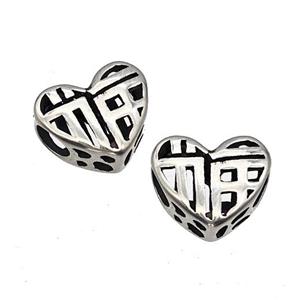 Stainless Steel Heart Beads Lucky Fu Hollow Large Hole Antique Silver, approx 12mm, 4mm hole [SSB4909]