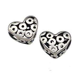 Stainless Steel Heart Beads Hollow Large Hole Antique Silver, approx 12mm, 4mm hole [SSB4911]