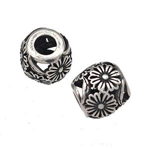 Stainless Steel Barrel Beads Hollow Flower Large Hole Antique Silver, approx 9-10mm, 4mm hole [SSB4923]