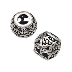 Stainless Steel Barrel Beads Flower Hollow Large Hole Antique Silver, approx 9-10mm, 4mm hole [SSB4939]