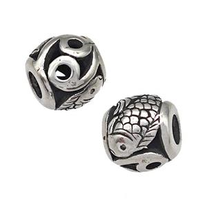 Stainless Steel Barrel Beads Fish Hollow Large Hole Antique Silver, approx 9-10mm, 4mm hole [SSB4940]