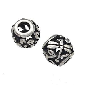 Stainless Steel Barrel Beads Dragonfly Hollow Large Hole Antique Silver, approx 9-10mm, 4mm hole [SSB4953]