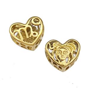 Stainless Steel Heart Beads Zodiac Virgo Large Hole Hollow Gold Plated, approx 12mm, 4mm hole [SSB4957]