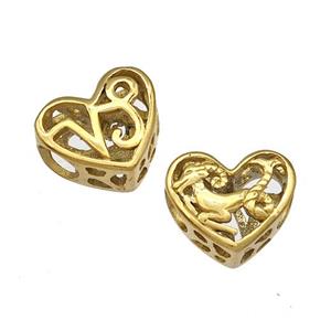 Stainless Steel Heart Beads Zodiac Capricorn Large Hole Hollow Gold Plated, approx 12mm, 4mm hole [SSB4958]