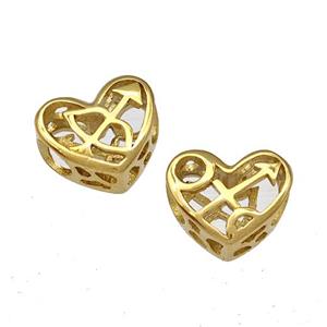 Stainless Steel Heart Beads Zodiac Sagittarius Large Hole Hollow Gold Plated, approx 12mm, 4mm hole [SSB4959]