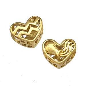 Stainless Steel Heart Beads Zodiac Aquarius Large Hole Hollow Gold Plated, approx 12mm, 4mm hole [SSB4961]