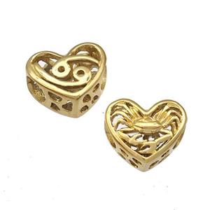 Stainless Steel Heart Beads Zodiac Cancer Large Hole Hollow Gold Plated, approx 12mm, 4mm hole [SSB4963]