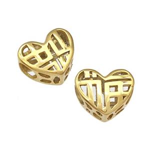 Stainless Steel Heart Beads Lucky Fu Hollow Large Hole Gold Plated, approx 12mm, 4mm hole [SSB4969]