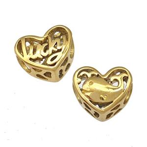 Stainless Steel Heart Beads Lucky Dolphin Hollow Large Hole Gold Plated, approx 12mm, 4mm hole [SSB4971]