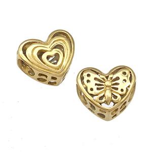 Stainless Steel Heart Beads Butterfly Hollow Large Hole Gold Plated, approx 12mm, 4mm hole [SSB4972]