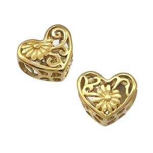 Stainless Steel Heart Beads Flower Daisy Hollow Large Hole Gold Plated, approx 12mm, 4mm hole [SSB4978]