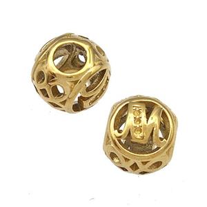 Stainless Steel Round Beads Letter-M Hollow Large Hole Gold Plated, approx 9-10mm, 4mm hole [SSB4995]