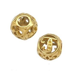 Stainless Steel Round Beads Letter-J Hollow Large Hole Gold Plated, approx 9-10mm, 4mm hole [SSB4996]