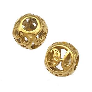 Stainless Steel Round Beads Letter-H Hollow Large Hole Gold Plated, approx 9-10mm, 4mm hole [SSB4997]