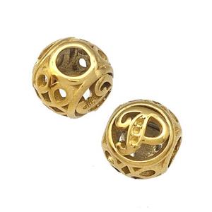 Stainless Steel Round Beads Letter-P Hollow Large Hole Gold Plated, approx 9-10mm, 4mm hole [SSB4998]