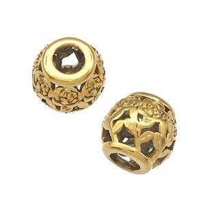 Stainless Steel Barrel Beads Flower Hollow Large Hole Gold Plated, approx 9-10mm, 4mm hole [SSB5012]